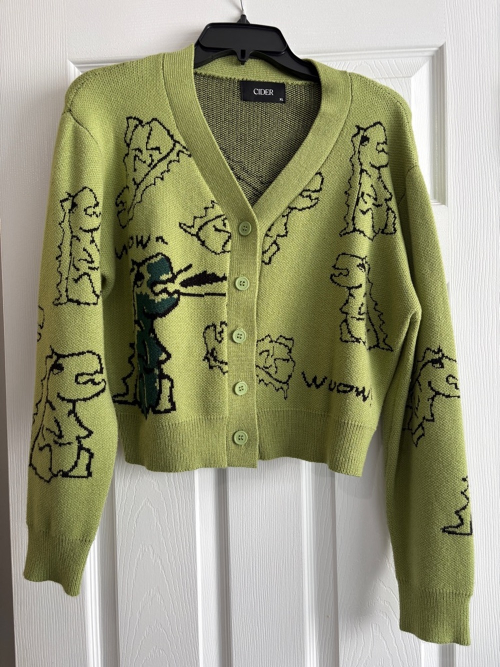 Cider Lime Green Cartoon Knit Button-Up Cardigan
